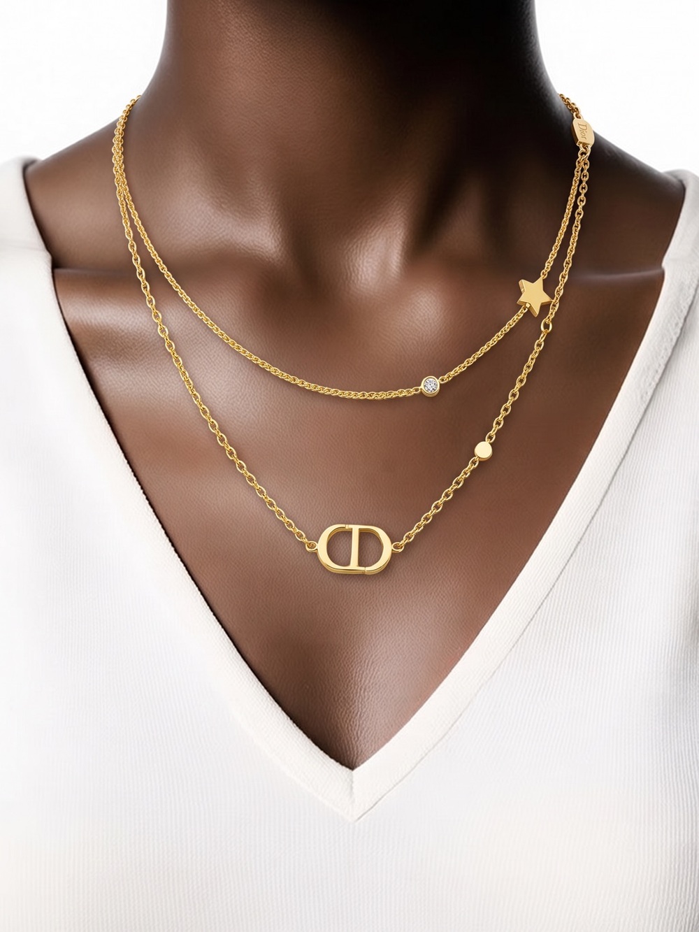Gold Double-Layer Star & Link Pendant Necklace